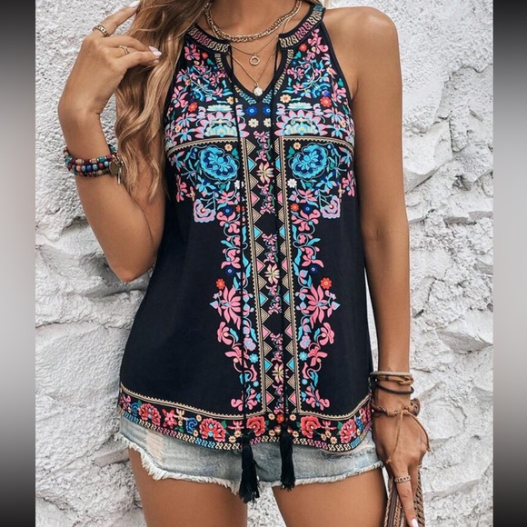 Boho Floral Print Tank Top Blouse Shirt Blue - Picture 10 of 10